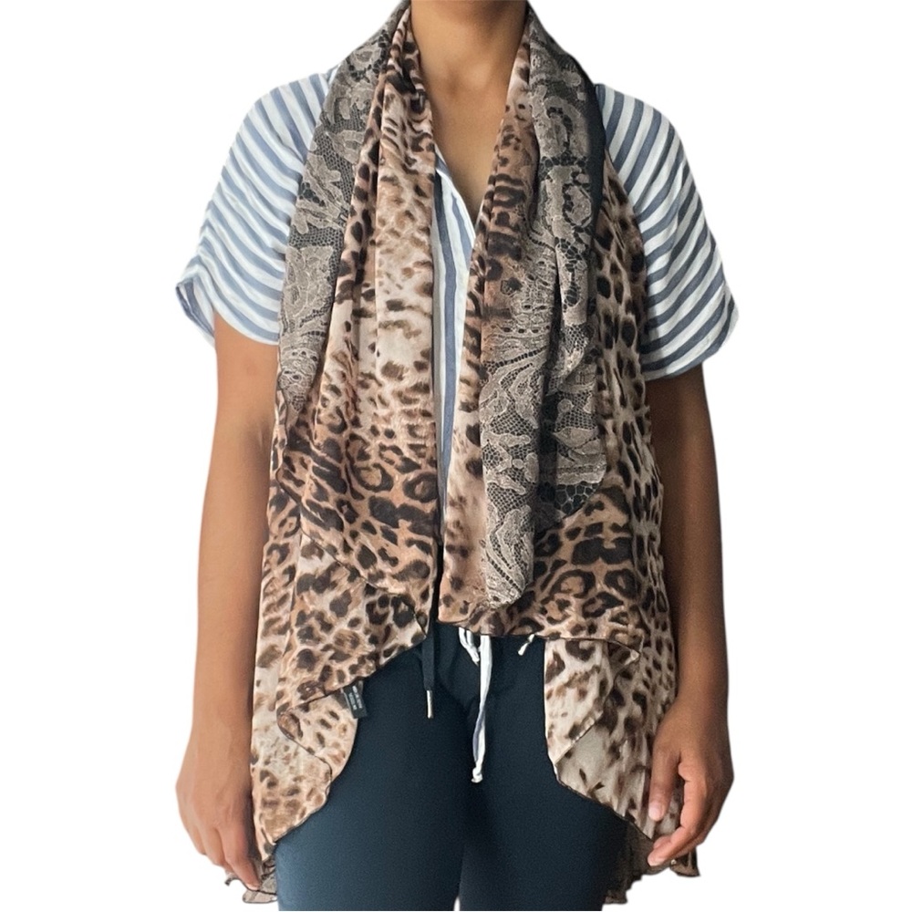 Sheer Chiffon Leopard Print Sleeveless Draped Open Front Topper Layering Piece - Picture 12 of 13